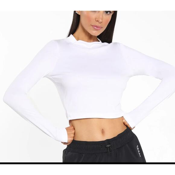 KORAL White Long Sleeve Crop Top MEDIUM Ribbed Mock Neck Logo Marlow $85 NEW - Picture 7 of 10